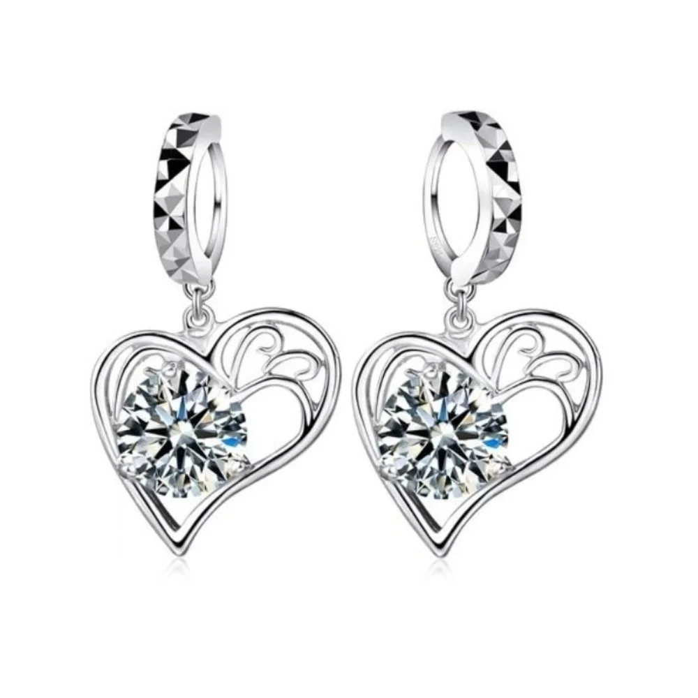 Earrings Necklace Pendant Heart 925 Sterling Silver Set - Picture 2 of 3